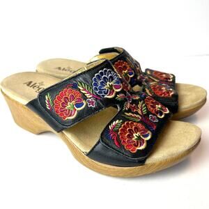 Alegria Linn Platform Wedge Sandals Black Leather Colorful Floral Embroidery 9.5